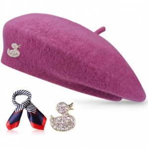 Berets Wool Beret Hat Solid Color French Artist Beret Skily Scarf Brooch - Lilac - CC18KLM557H $19.66
