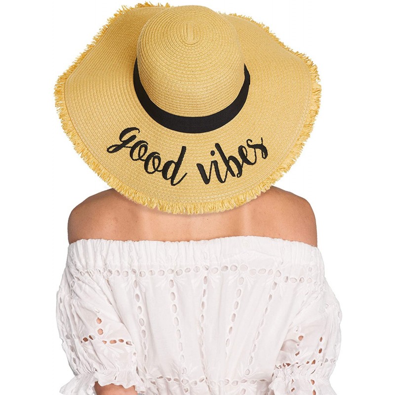 Sun Hats Exclusives Straw Embroidered Lettering Floppy Brim Sun Hat (ST-2017) - A Fringes-good Vibes - C8194RQZH3T $32.15