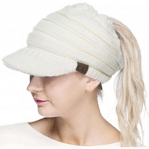 Skullies & Beanies Brim BeanieTail Ponytail Messy Bun Solid Ribbed Beanie Hat Sun Cap - Ivory - CS185XGC3ET $17.36