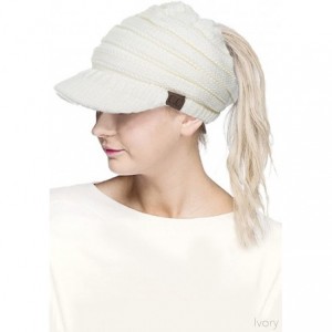 Skullies & Beanies Brim BeanieTail Ponytail Messy Bun Solid Ribbed Beanie Hat Sun Cap - Ivory - CS185XGC3ET $17.36