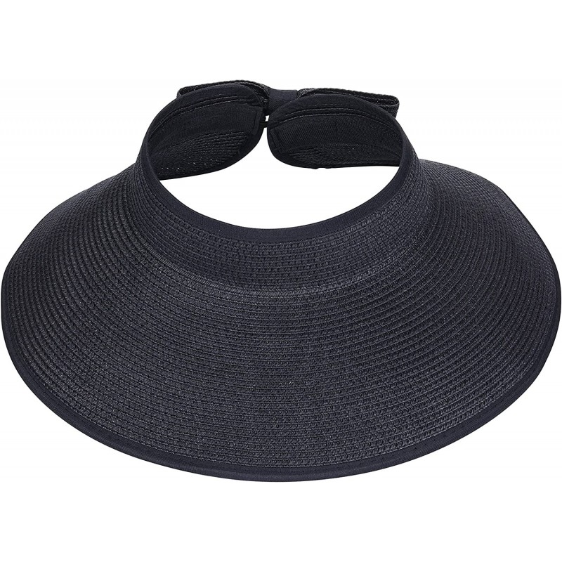 Sun Hats Roll-up Straw Sun Hat- Wide Brim Packable- Foldable- Adjustable Sun Visor Cap - Black - CO18GAUY3I8 $10.79