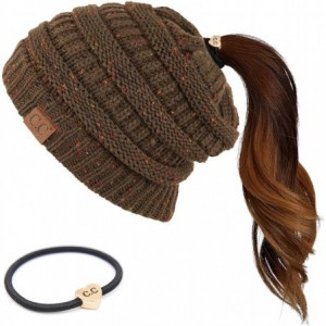 Skullies & Beanies Ribbed Confetti Knit Beanie Tail Hat for Adult Bundle Hair Tie (MB-33) - New Olive (With Ponytail Holder) ...