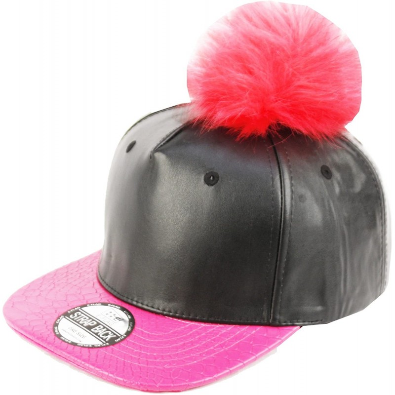 Baseball Caps Faux Leather Fur Pom Pom Baseball Cap Strap Back - Black/Hot Pink - CU129S7ZMNH $17.70