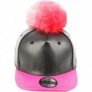 Baseball Caps Faux Leather Fur Pom Pom Baseball Cap Strap Back - Black/Hot Pink - CU129S7ZMNH $17.70