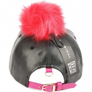 Baseball Caps Faux Leather Fur Pom Pom Baseball Cap Strap Back - Black/Hot Pink - CU129S7ZMNH $17.70