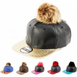 Baseball Caps Faux Leather Fur Pom Pom Baseball Cap Strap Back - Black/Hot Pink - CU129S7ZMNH $17.70