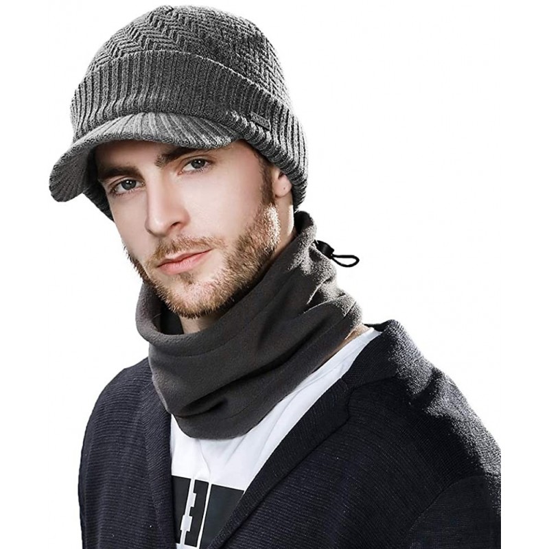 Skullies & Beanies Unisex Knit Beanie Visor Cap Winter Hat Fleece Neck Scarf Set Ski Face Mask 55-61cm - 69311-grey Set - CJ1...