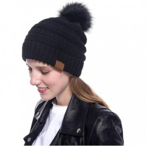 Skullies & Beanies Womens Winter Knit Slouchy Beanie Hat Warm Skull Ski Cap Faux Fur Pom Pom Hats for Women - Black - CH18Z2M...