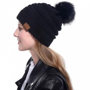 Skullies & Beanies Womens Winter Knit Slouchy Beanie Hat Warm Skull Ski Cap Faux Fur Pom Pom Hats for Women - Black - CH18Z2M...