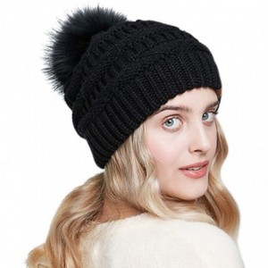 Skullies & Beanies Womens Winter Knit Slouchy Beanie Hat Warm Skull Ski Cap Faux Fur Pom Pom Hats for Women - Black - CH18Z2M...