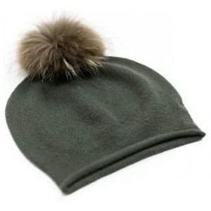 Skullies & Beanies Women's Winter 100% Pure Cashmere Beanie hat with Detachable Real Fur Pompom - Military Green - CB19486UO3...