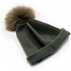 Skullies & Beanies Women's Winter 100% Pure Cashmere Beanie hat with Detachable Real Fur Pompom - Military Green - CB19486UO3...