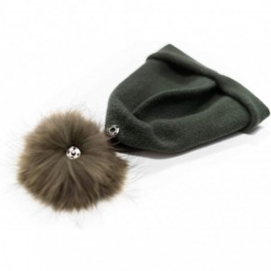 Skullies & Beanies Women's Winter 100% Pure Cashmere Beanie hat with Detachable Real Fur Pompom - Military Green - CB19486UO3...