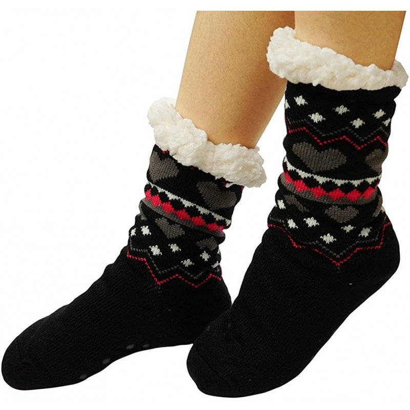 Skullies & Beanies Womens Warm Cozy Fuzzy Fleece Lined Winter Christmas Gift Non-skid Slipper Socks - Black - C71889G88Y0 $12.58
