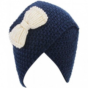 Skullies & Beanies Women Ladies Winter Knitting Hat Turban Brim Hat Wrap Pile Cap with Bow-Knot - Navy - CA18I8R473G $12.01