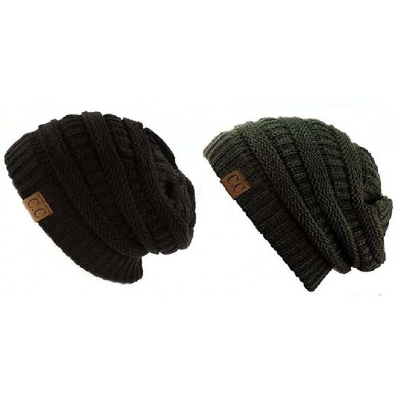 Skullies & Beanies Trendy Warm Chunky Soft Stretch Cable Knit Slouchy Beanie Skully HAT20 - 2 Pack Dark Olive/Black - CE12BP6...