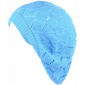 Berets Chic Soft Knit Airy Cutout Lightweight Slouchy Crochet Beret Beanie Hat - Sky Blue Leafy - CL18L3T7AA0 $22.79