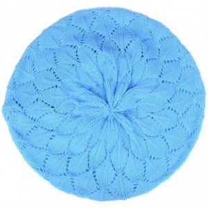 Berets Chic Soft Knit Airy Cutout Lightweight Slouchy Crochet Beret Beanie Hat - Sky Blue Leafy - CL18L3T7AA0 $8.14
