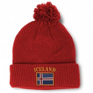 Skullies & Beanies Winter Pom Pom Beanie for Men & Women Iceland Flag Embroidery Skull Cap Hat - Red - C318ZH6H8Q2 $12.64