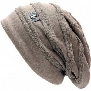 Skullies & Beanies Vintage Horizontal Long Slouchy Baggy Beanie Cross Badge Lined Winter Hat - Khaki - C4126ILSSA9 $20.82