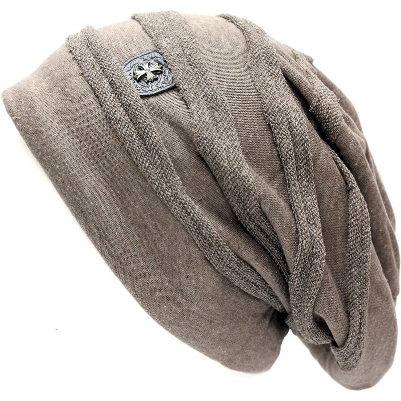 Skullies & Beanies Vintage Horizontal Long Slouchy Baggy Beanie Cross Badge Lined Winter Hat - Khaki - C4126ILSSA9 $8.76
