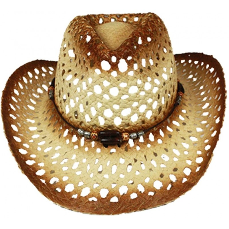 Cowboy Hats Silver Fever Ombre Woven Straw Cowboy Hat with Cut-Outs-Beads- Chin Strap - Brown - C512BWNOC9F $29.43