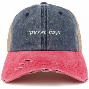 Baseball Caps Stay Weird Embroidered Frayed Bill Trucker Mesh Back Cap - Navy Red - CJ18CWW9WH2 $19.13