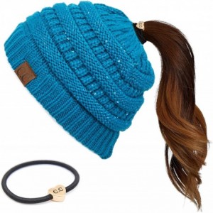 Skullies & Beanies Messy Bun Ponytail Magic Magic Sequin Beanie Hat Bundle Hair Tie (MB-730) - Teal - With Cc Ponytail Holder...