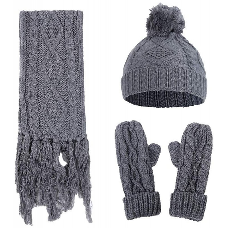 Skullies & Beanies Hat Scarf Gloves 3pcs Sets Autumn Winter Women's Hat Caps Knitted Warm Scarf - Gray - CN18L7EWOYN $14.97