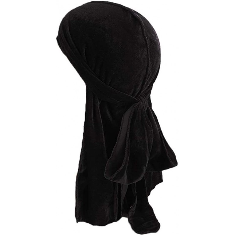 Skullies & Beanies Men's Soft Velvet Long Tail Wide Straps Durag Solid Color Cap Turban Headwrap - Black - C518GT5E88C $7.49