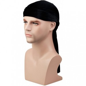 Skullies & Beanies Men's Soft Velvet Long Tail Wide Straps Durag Solid Color Cap Turban Headwrap - Black - C518GT5E88C $7.49