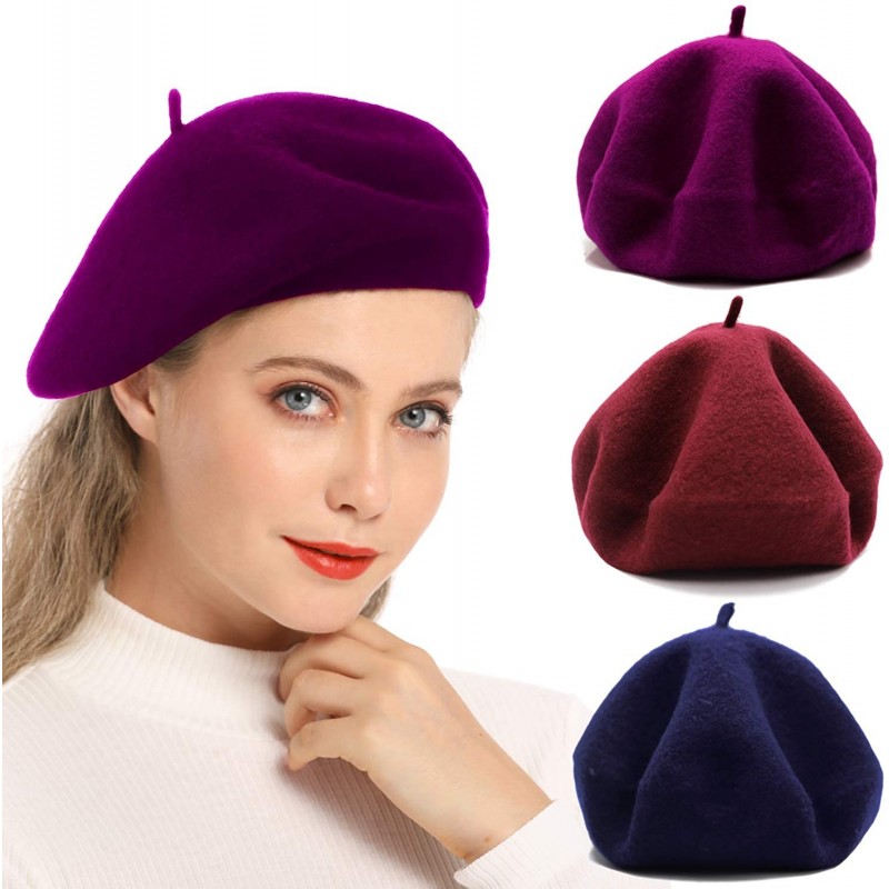 Berets 3 Pieces French Beret Hat Solid Color Wool Artist Beret Hats for Women Girls Lady - Set-4 - CG196IA6WQ5 $15.69
