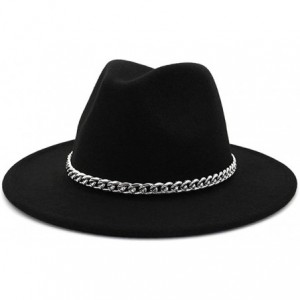 Fedoras Wide Brim Panama Fedoras Hat Felt Hat with Chain Belt for Men Women - Black - CD193MUGGQ9 $25.21