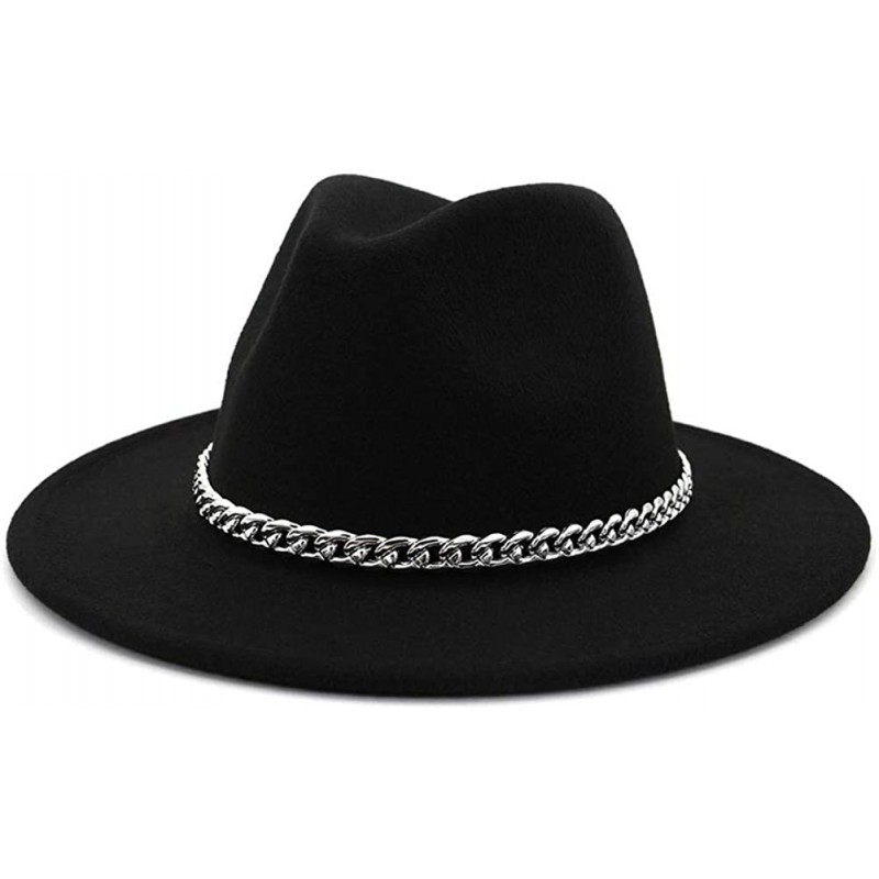 Fedoras Wide Brim Panama Fedoras Hat Felt Hat with Chain Belt for Men Women - Black - CD193MUGGQ9 $15.88