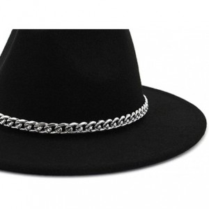 Fedoras Wide Brim Panama Fedoras Hat Felt Hat with Chain Belt for Men Women - Black - CD193MUGGQ9 $15.88