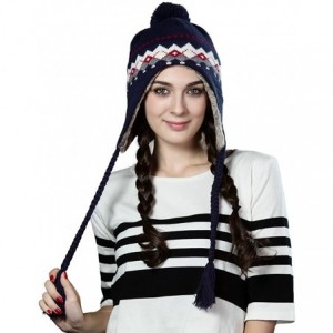 Skullies & Beanies Women Cable Knit Peruvian Beanie Wool Winter Hat Cap with Earflap Pom New - 16204_navy - C712MYYO625 $17.24