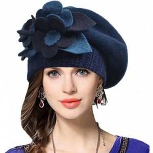 Berets Lady French Beret 100% Wool Beret Floral Dress Beanie Winter Hat - Floral-navy - CI12O3K6FNS $29.06