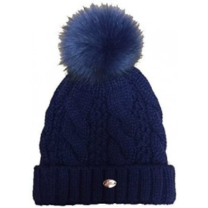 Skullies & Beanies Cable Knit Faux Fur Pom Pom Hat - Navy - CT12OBXJSAX $11.36