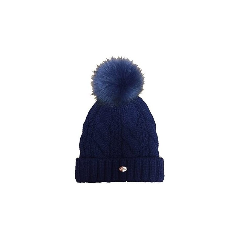 Skullies & Beanies Cable Knit Faux Fur Pom Pom Hat - Navy - CT12OBXJSAX $11.36