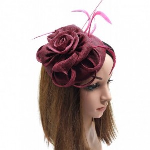 Berets Womens Fascinator Hat Sinamay Pillbox Flower Feather Tea Party Derby Wedding Headwear - Burgundy - C918NE0CSDQ $10.82