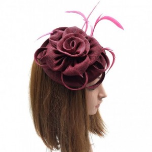 Berets Womens Fascinator Hat Sinamay Pillbox Flower Feather Tea Party Derby Wedding Headwear - Burgundy - C918NE0CSDQ $10.82