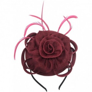 Berets Womens Fascinator Hat Sinamay Pillbox Flower Feather Tea Party Derby Wedding Headwear - Burgundy - C918NE0CSDQ $10.82