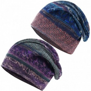 Skullies & Beanies Womens Slouchy Beanie Cotton Chemo Caps Cancer Headwear Hats Turban - 2 Pair-grid-blur+purple - CB18RMK8CL...