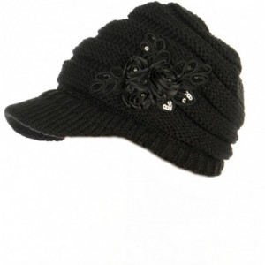 Newsboy Caps Women's Cable Knit Newsboy Visor Cap Hat with Sequined Flower Accent - Black - CE11P1658Z7 $14.06