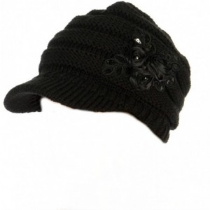 Newsboy Caps Women's Cable Knit Newsboy Visor Cap Hat with Sequined Flower Accent - Black - CE11P1658Z7 $14.06