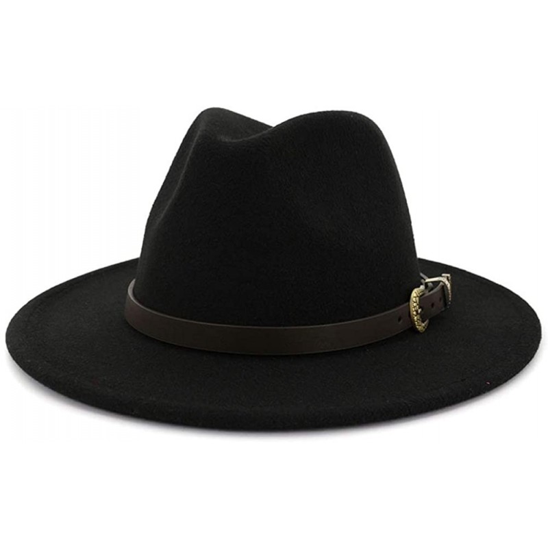 Fedoras Men & Women Wide Brim Felt Fedora Hat with Belt - A-black - CY18ZKRUZGZ $9.77