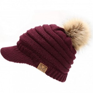 Skullies & Beanies Women's Soft Warm Ribbed Knit Visor Brim Pom Pom Beanie Hat with Plush Lining - Plum - CE18WGRDL6E $14.88