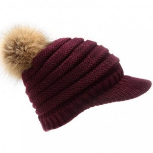 Skullies & Beanies Women's Soft Warm Ribbed Knit Visor Brim Pom Pom Beanie Hat with Plush Lining - Plum - CE18WGRDL6E $14.88