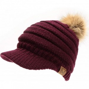 Skullies & Beanies Women's Soft Warm Ribbed Knit Visor Brim Pom Pom Beanie Hat with Plush Lining - Plum - CE18WGRDL6E $14.88