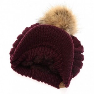 Skullies & Beanies Women's Soft Warm Ribbed Knit Visor Brim Pom Pom Beanie Hat with Plush Lining - Plum - CE18WGRDL6E $14.88